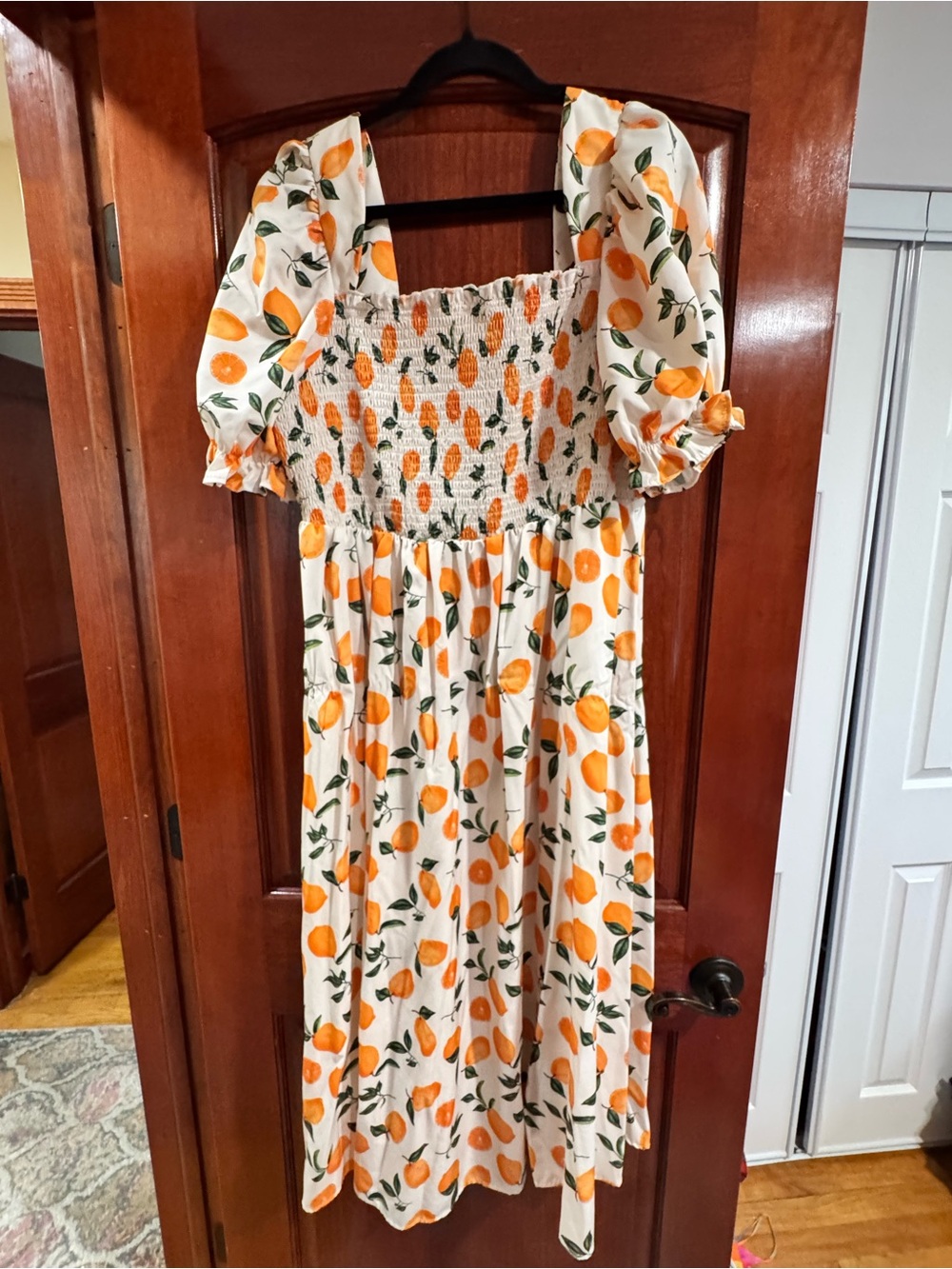 NEW Women’s Orange Print Puff-Sleeve Sundress - White & Orange